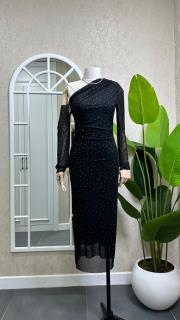 tek omuz taşlı tül elbise siyah