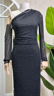 tek omuz taşlı tül elbise siyah 2