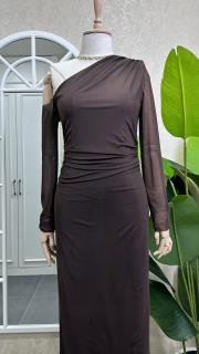 tül detaylı tek omuz elbise kahve 2