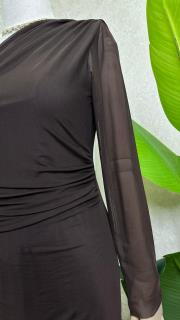 tül detaylı tek omuz elbise kahve 3