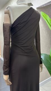 tül detaylı tek omuz elbise kahve 4