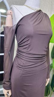 tül detaylı tek omuz elbise kahve 5