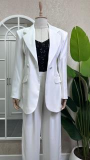 beli pileli geniş vatkalı ceket pantolon takım beyaz