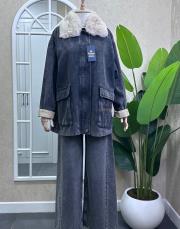 ithal suni kürk yaka oversize denim mont gri