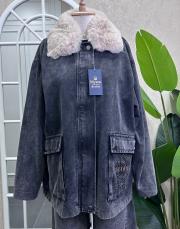 ithal suni kürk yaka oversize denim mont gri 2