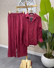 jakar leoparlı taşlı gömlek pantolon takım bordo