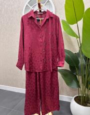 jakar leoparlı taşlı gömlek pantolon takım bordo 2