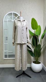 jakar leoparlı taşlı gömlek pantolon takım krem