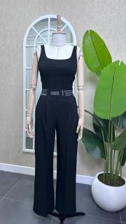 beli lastikli yazı detaylı palazzo pantolon siyah