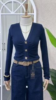 v yaka düğme detay triko kazak lacivert