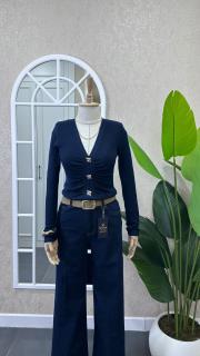 v yaka düğme detay triko kazak lacivert 2