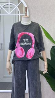 yıkamalı kulaklık desen oversize tşört antrasit