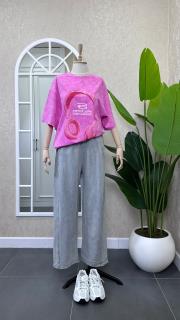 yıkamalı kulaklık desen oversize tşört pembe 2