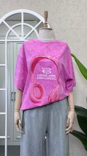 yıkamalı kulaklık desen oversize tşört pembe 3