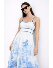 mavi baskılı omuzdan bağlamalı elbise mavi 3