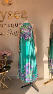 boyundan bağlamalı çiçek desenli elbise yeşil 2