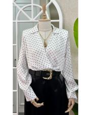 saten puantiyeli çıtçıtlı bluz beyaz
