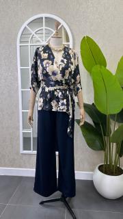 saten flora desenli kruvaze yakalı bluz lacivert