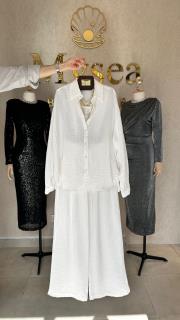 çizgili gömlek pantolon takım ekru