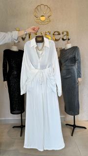 çizgili gömlek pantolon takım ekru 2