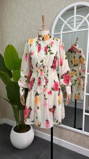 çiçekli astarlı tül elbise beyaz