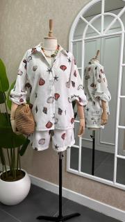 desenli keten şortlu takım beyaz