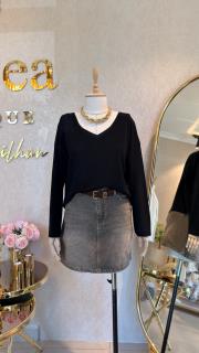 v yaka dökümlü kazak siyah 2