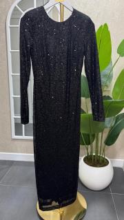 sırt detaylı payet elbise uzun siyah