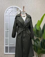 broş detaylı trençkot koyu yeşil