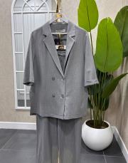 çizgili blazer beli lastikli pantolon takım gri