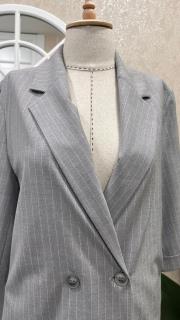 çizgili blazer beli lastikli pantolon takım gri 3