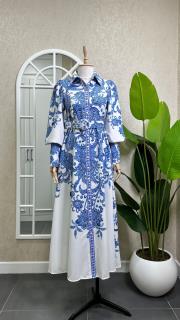 çiçek baskılı kemerli uzun elbise mavi mavi