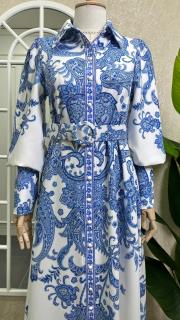 çiçek baskılı kemerli uzun elbise mavi mavi 2