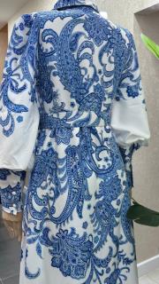 çiçek baskılı kemerli uzun elbise mavi mavi 6