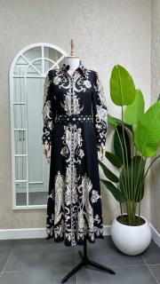 çiçek baskılı kemerli uzun elbise siyah siyah