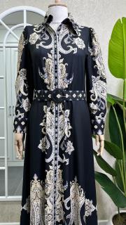 çiçek baskılı kemerli uzun elbise siyah siyah 3