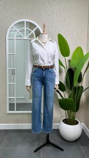 kemerli blue mom jean mavi