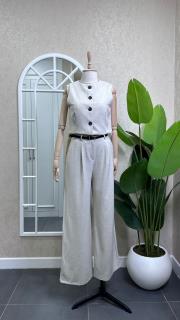 çizgili polyviskon yelek pantolon takım gri