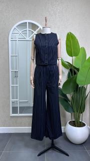 çizgili polyviskon yelek pantolon takım lacivert